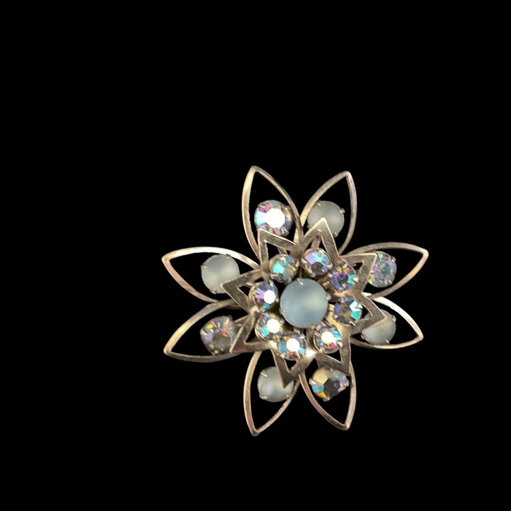 Vintage‎ Flower Brooch Aurora Borealis Rhinestone Pin Floral Jewelry